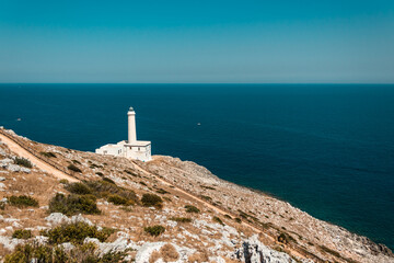 Fototapeta na wymiar Capo d'Otranto: The easternmost lighthouse in Italy overlooking the stretch of the Otranto Channel, puglia.