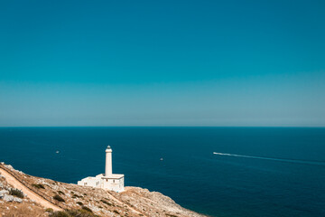 Fototapeta na wymiar Capo d'Otranto: The easternmost lighthouse in Italy overlooking the stretch of the Otranto Channel, puglia.