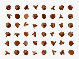 3d illustration of scattering of tasty chocolate chips on white background