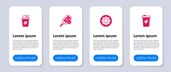 Set Coffee cup to go, Donut, Spatula with coffee grain and Iced. Business infographic template. Vector