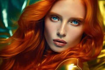 Fototapeta premium Copper-Hair Supermodel in Miles Aldridge Style: Ultra Photorealistic. Generative AI.