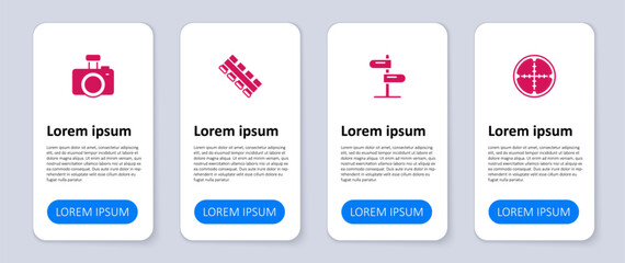 Set Sniper optical sight, Road traffic sign, Hunting cartridge belt and Photo camera. Business infographic template. Vector