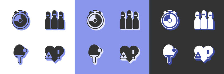 Set Heart rate, Stopwatch, Racket and Bowling pin icon. Vector