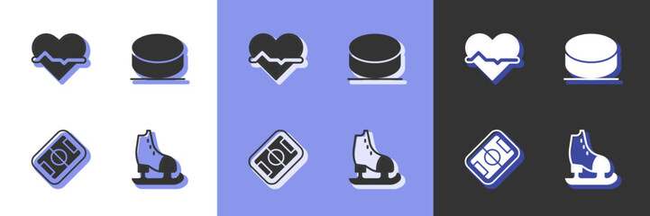 Set Skates, Heart rate, Football field and Hockey puck icon. Vector