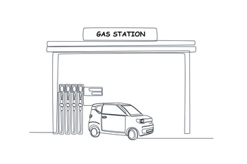 Single one-line drawing car filling up oil at the gas station. Gas station concept continuous line draw design graphic vector illustration