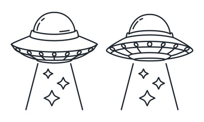 UFO Futuristic toy alien spaceship. The unknown flying object on isolated white background. Vector illustration line cartoon drawing design.	