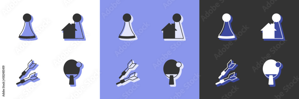 Poster set racket, chip for board game, dart arrow and icon. vector