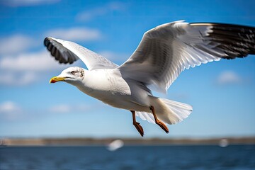 Fototapeta premium Seagull soaring with wings spread wide against a background of blue sky. Generative AI