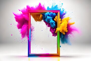 Fototapeta na wymiar Product display frame with colorful powder paint explosion. Party powders, gulal, holi powder. Generative ai