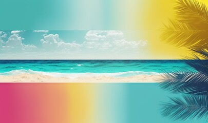 Obraz na płótnie Canvas a beach with a palm tree and a rainbow sky in the background. generative ai