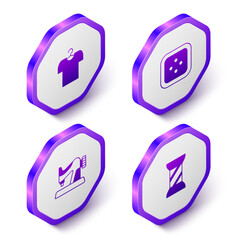 Set Isometric T-shirt on hanger, Sewing button for clothes, machine and thread spool icon. Purple hexagon button. Vector