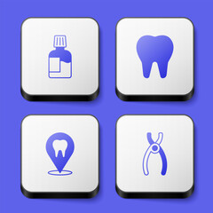 Set Mouthwash, Tooth, Dental clinic location and pliers icon. White square button. Vector