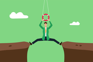 Reaching help to a falling person, emergency situations،The businessman who is in the middle of the valley falls and the rescue force comes to help