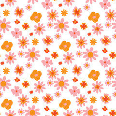 70s Retro flowers pattern. Seamless retro flowers background . Groovy naive flowers pattern pinkn yellow, red chamomile daisy