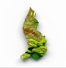 3D rendering of Liechtenstein relief map isolated on a white background