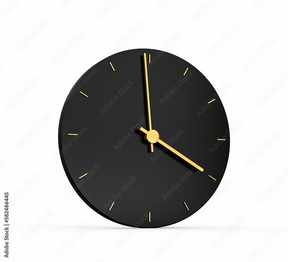 Poster 3d rendering of a minimalist black and gold clock isolated on a white background