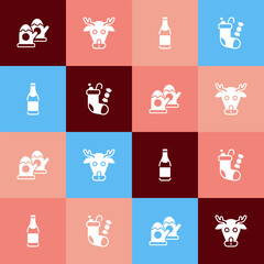 Set pop art Christmas mittens, Reindeer, Champagne bottle and stocking icon. Vector