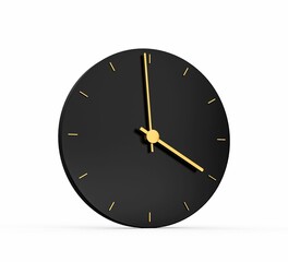 3D rendering of a minimalist black and gold clock isolated on a white background