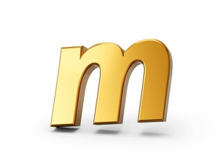 3D rendering of a gold letter M with a shadow isolated on a white background