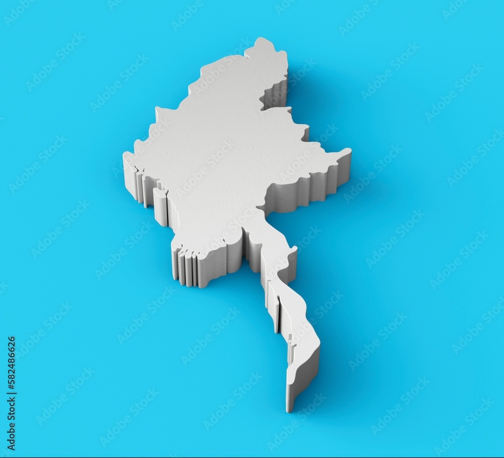 Poster 3d rendering of a topography map of myanmar isolated on a blue gradient background