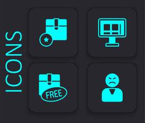 Set Angry customer, Carton cardboard box, Online shopping screen and Cardboard with free symbol icon. Black square button. Vector
