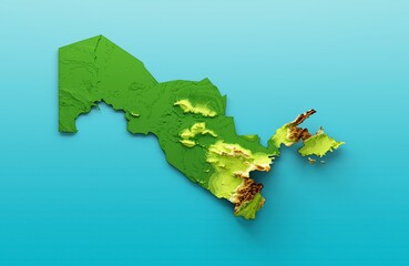 3d illustration of Uzbekistan Map Shaded relief Color Height map on the sea Blue Background