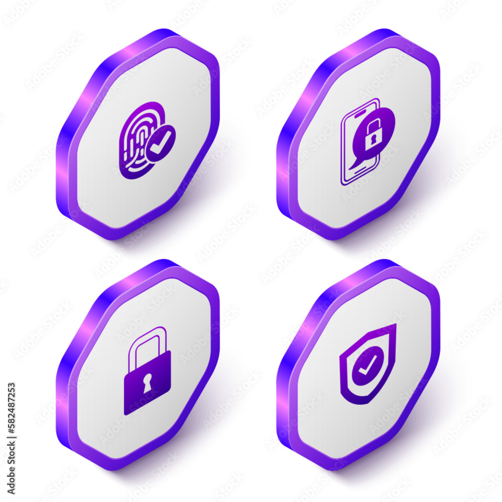 Poster set isometric fingerprint, mobile with closed padlock, lock and shield check mark icon. purple hexag