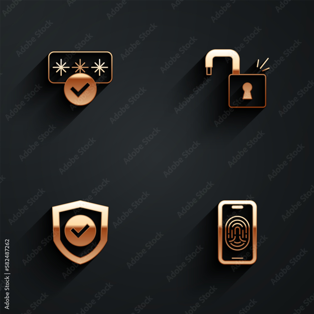 Poster set password protection, open padlock, shield with check mark and mobile fingerprint scanner icon wi