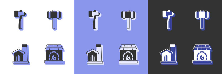 Set Blacksmith oven, Hammer, Smithy workshop interior and Sledgehammer icon. Vector