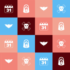 Set pop art Halloween date 31 october, Funny and scary ghost mask, Flying bat and Skull on crossbones icon. Vector