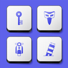 Set Old key, Carnival mask, Scooter and Leaning tower in Pisa icon. White square button. Vector