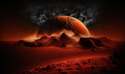 Fototapeta na wymiar a red planet with mountains in the background and a star filled sky. generative ai