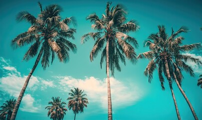 Fototapeta na wymiar a group of palm trees against a blue sky with clouds. generative ai