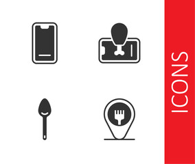 Set Cafe and restaurant location, Food ordering mobile, Spoon and icon. Vector