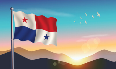 Panama  flag with mountains and morning sun in background