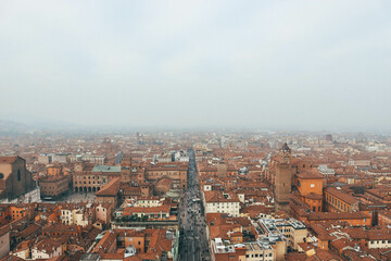 Fototapeta na wymiar Detail view of terracota roofs and modern main street in italian town