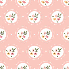 Seamless Pattern with little Flower and Leaves. Floral pattern on pink background. Design for fashion prints, textile, background, wallpaper, wrapping, fabric and more