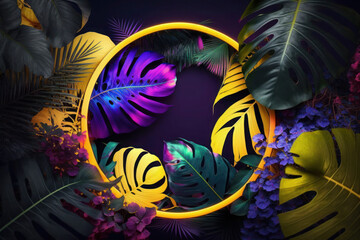 Creative fluorescent, neon color layout made of tropical leaves. nature concept. ai generative - obrazy, fototapety, plakaty