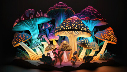 Fantasy magic mushrooms in neon light. colorful fly agarics in the fairy forest. illustration. ai generative
