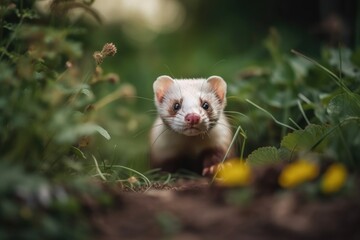 a pet ferret having fun in the backyard. adorable animal outside the home. Generative AI