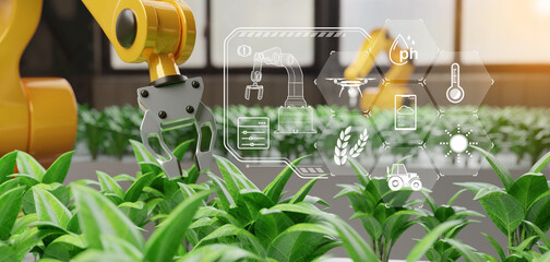 Smart farming technology with artificial intelligence AI robotics assistant featuring an interface hologram monitor for vegetable fertilization quality monitor and quality analysis. 3D rendering