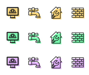 Set line House with wrench spanner, Worker safety helmet, Water tap and Bricks icon. Vector