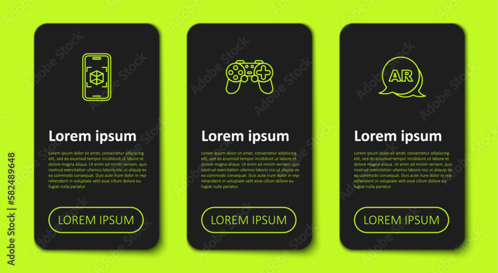 Poster set line 3d modeling, gamepad and augmented reality ar. business infographic template. vector