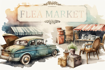 Watercolor clipart sheet of flea market scene with an old car and vintage objects created with Generative AI technology