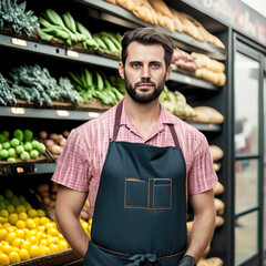 Portrait of male greengrocer in small grocery store. Man. Concept healthy food, fruits and vegetables. Support for neighborhood businesses. Ai generative