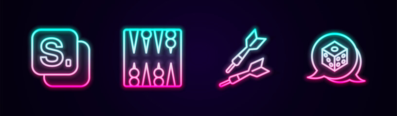 Obraz premium Set line Bingo, Backgammon board, Dart arrow and Game dice. Glowing neon icon. Vector