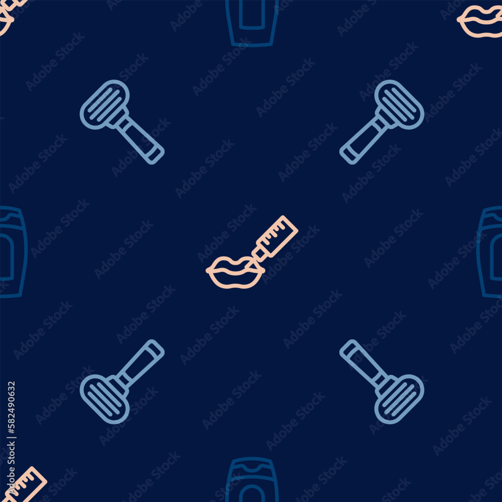 Poster set line bottle of shampoo, shaving razor and lip augmentation on seamless pattern. vector