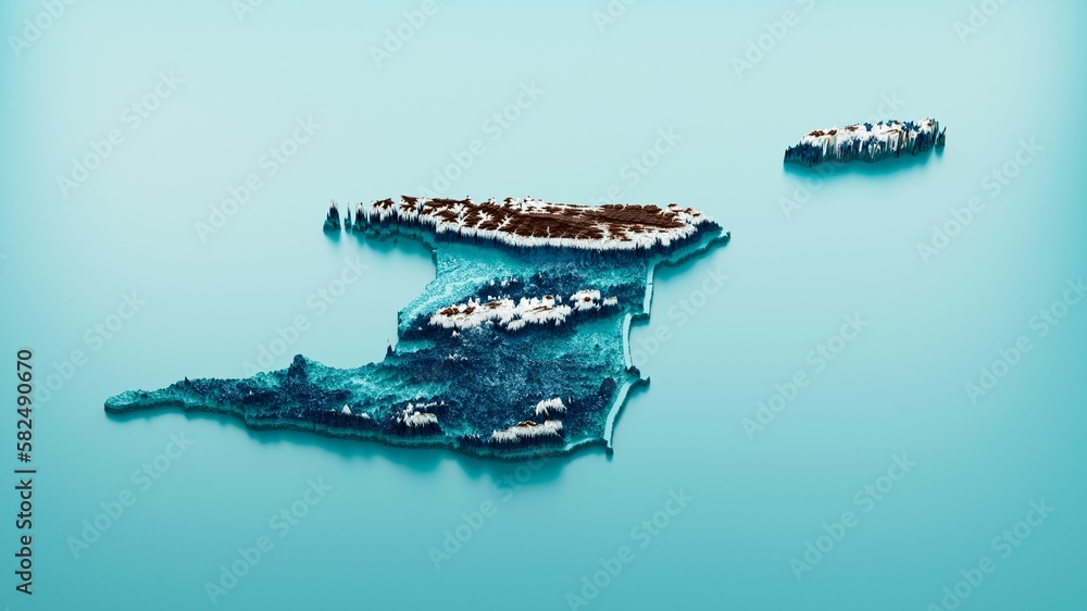 Sticker 3d illustration of the topographic map of Trinidad and Tobago on a blue background