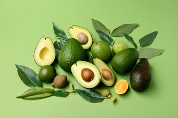 Fresh ripe avocado pattern with green leaves on light green background, top view, flat lay. Minimalistic concept. Whole and cut avocado banner illustration, assortment of avocado. Generative AI