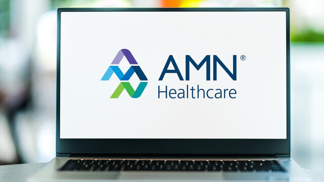 Laptop computer displaying logo of AMN Healthcare Services